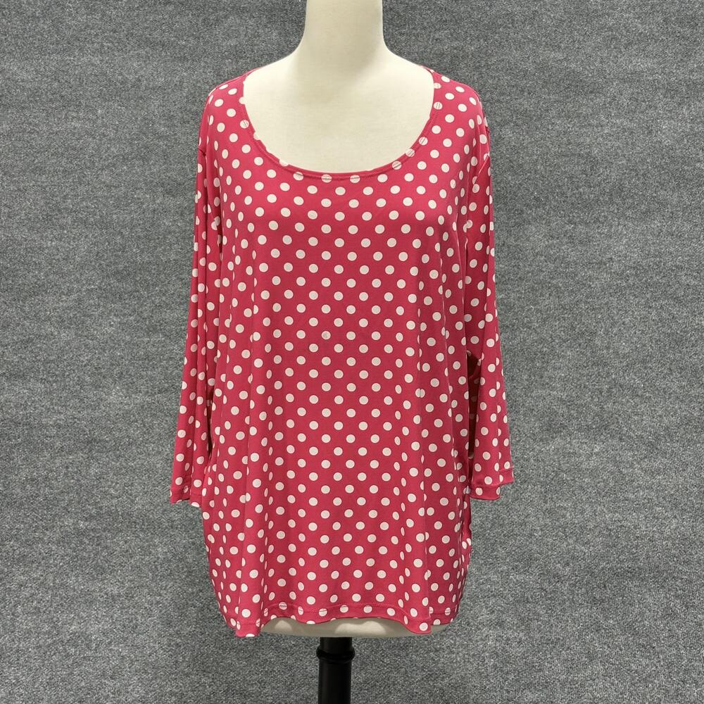 Susan Graver Shirt Womens 1X Pink White Polka Dot Scoop Neck 3/4 Sleeve Stretch